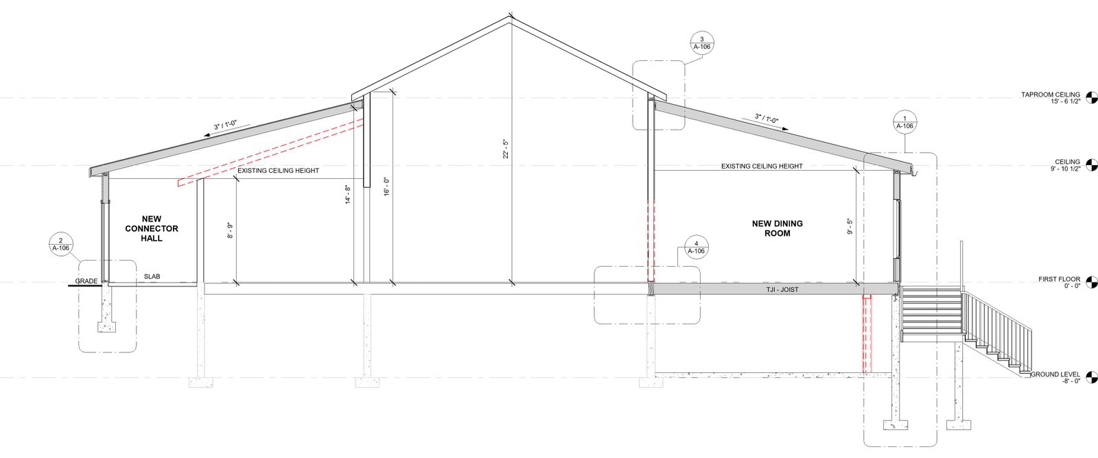 Exterior view showing new outward sloping roof